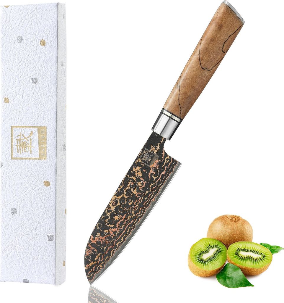 Zayiko BlackMagma – Kleines Santoku 12 cm | Damastmesser mit Kupfer-Bronze-Klinge & Ahornholzgriff