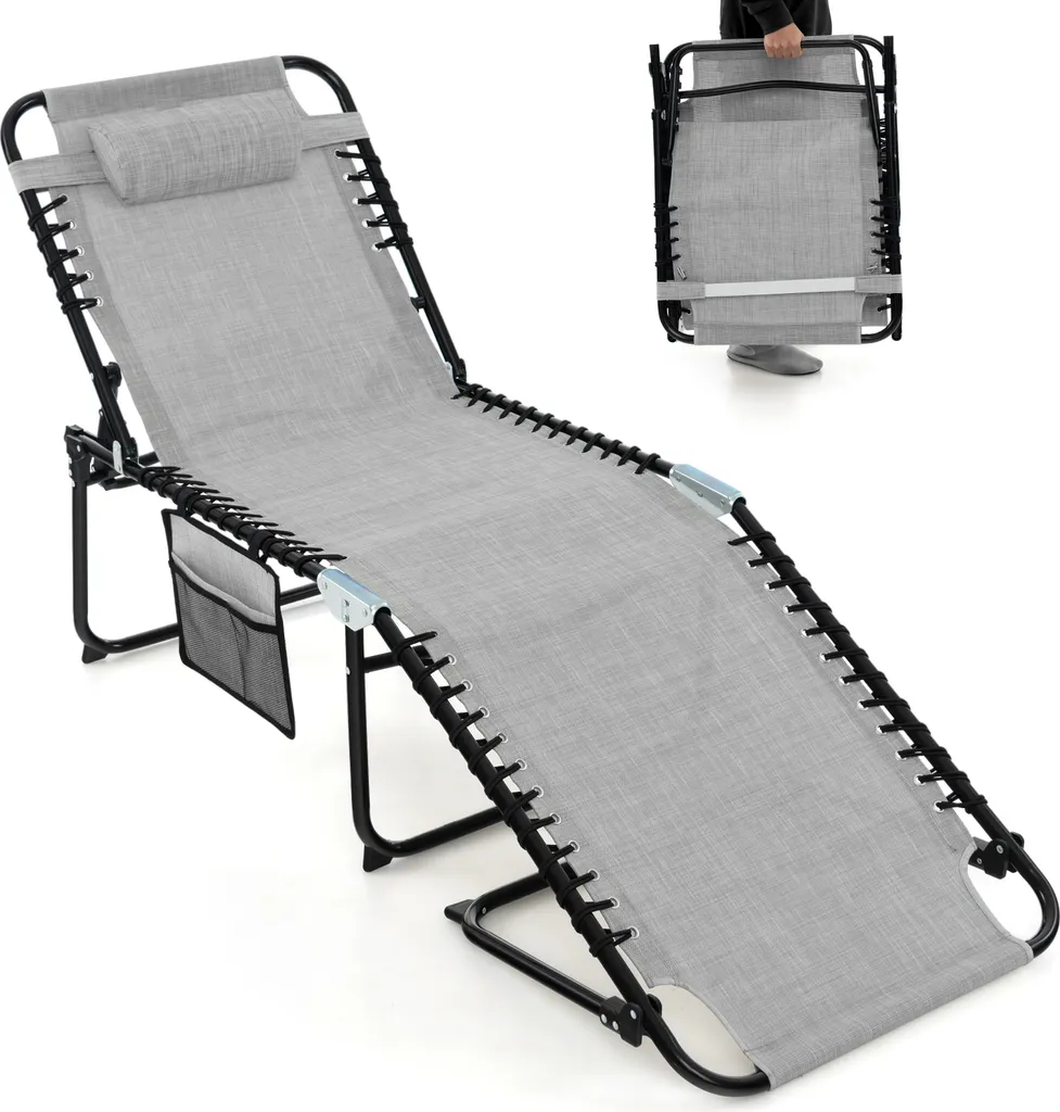Chaise Longue Grise Réglable 150kg avec Poche Latérale et Coussin de Tête