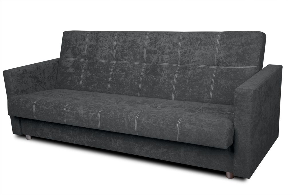 A dark gray sofa is shown against a white background.