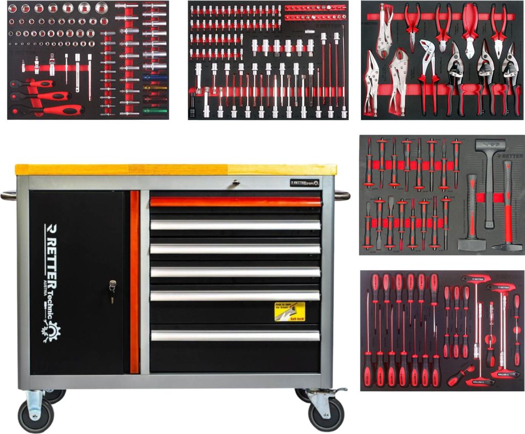 RETTER RS5 Werkstattwagen Workstation Kompakt – Aktions-Set mit Massivholzplatte, 6 Schubladen & Werkzeugausstattung