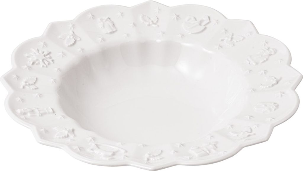 A white ceramic bowl with a scalloped edge and embossed festive designs.