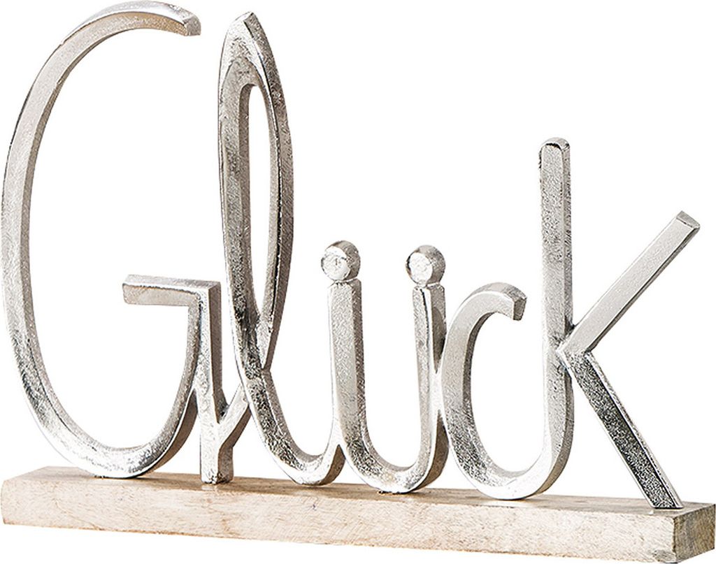 Gilde Schriftzug, "GLÜCK", Aluminium, Mangoholz, Immagine del prodotto 