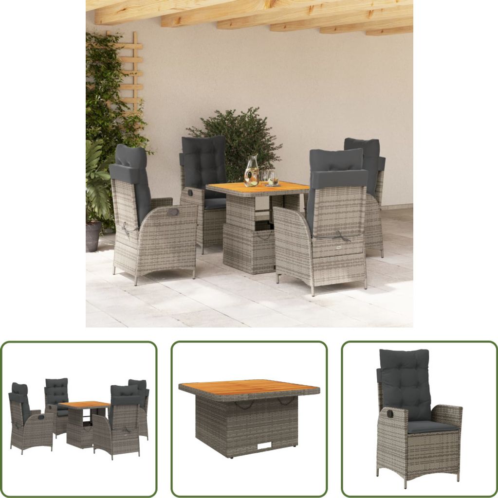 The Living Store 5-tlg. Garten-Essgruppe mit Kissen Grau Poly Rattan