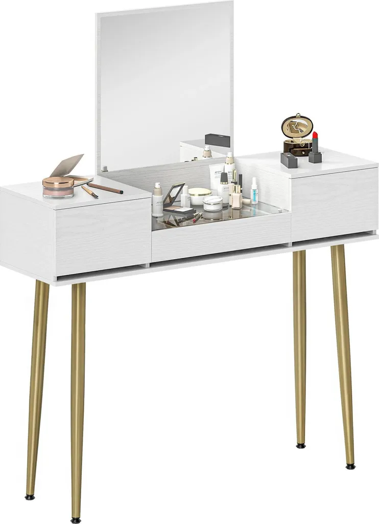 Coiffeuse gain de place 105x30 cm en bois blanc 3 tiroirs et miroir