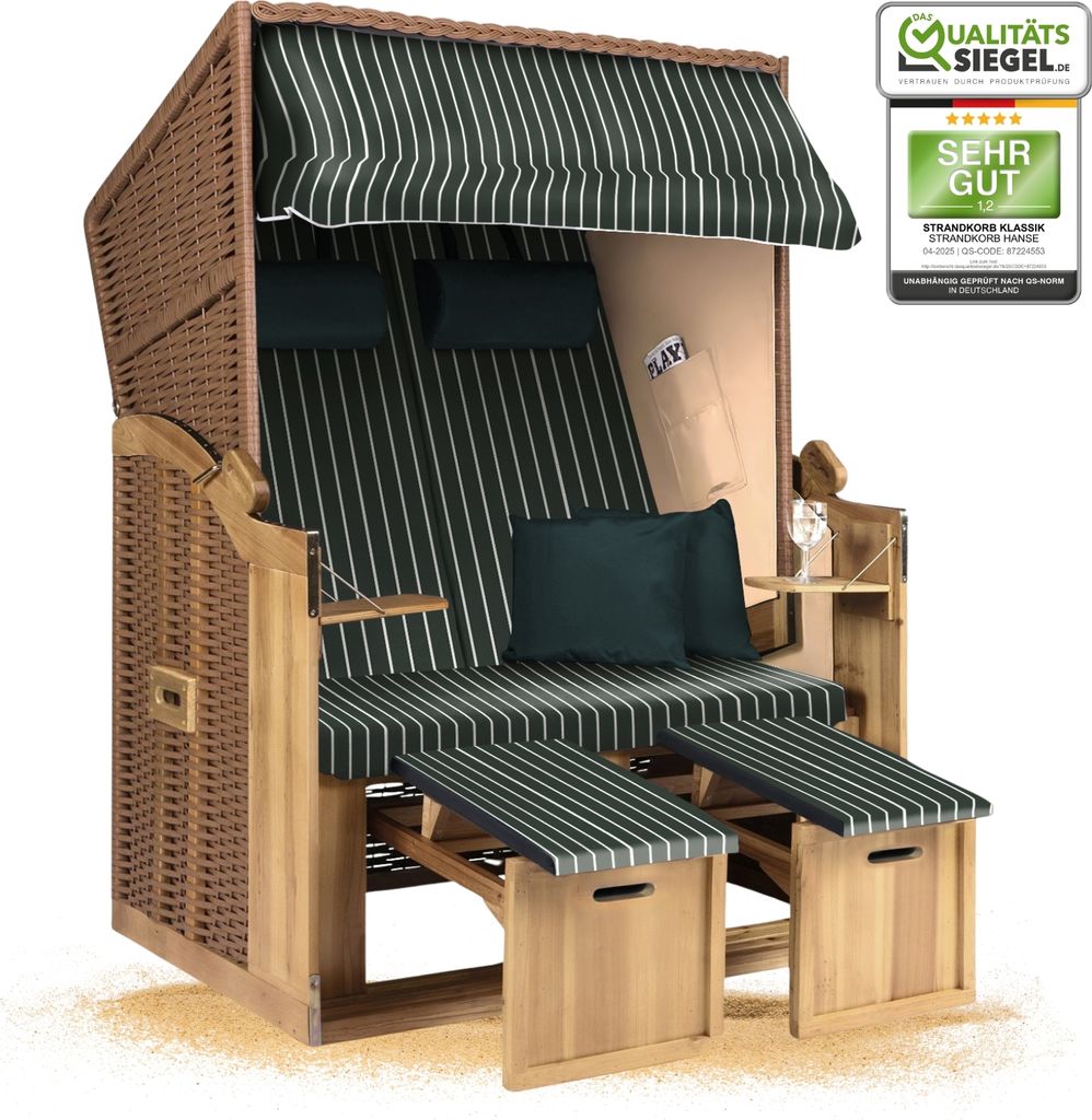 Strandkorb Ostsee 2-Sitzer 120cm breit in beige grün weiß nadelstreifen montiert, ideal für Balkon, Terrasse oder Garten
