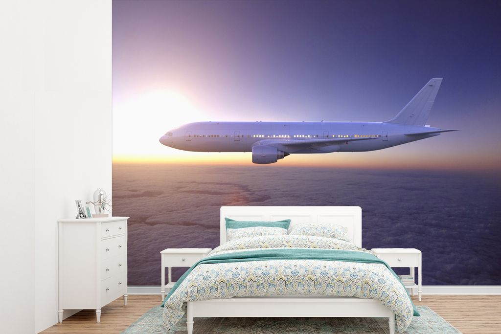 MuchoWow Fototapete für Wohnzimmer oder Schlafzimmer Wandtapete Vinyl Motivtapete Ein Flugzeug über einem schönen Wolkenvorhang - 415x300 cm -...
