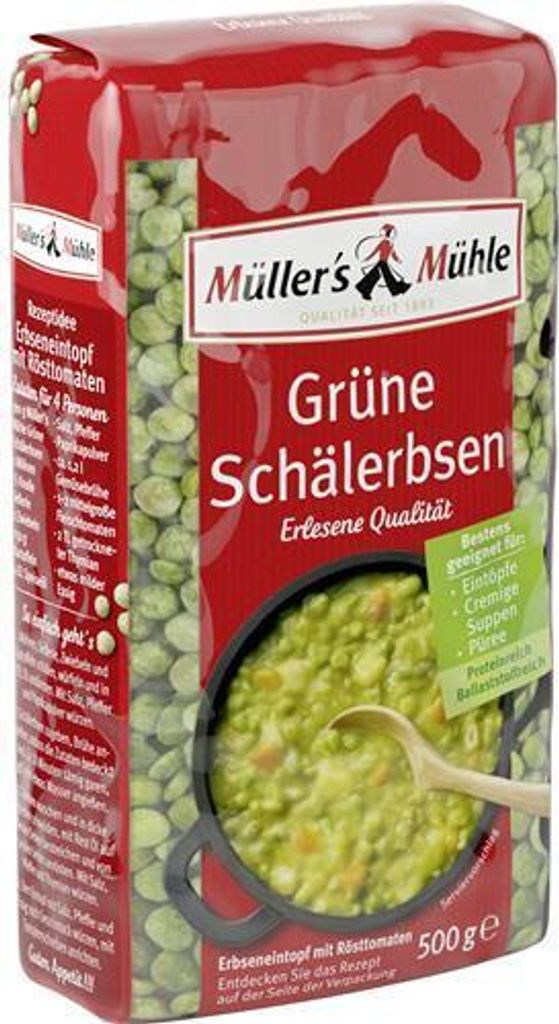 A package of Müller's Mühle Grüne Schälerbsen (green split peas).