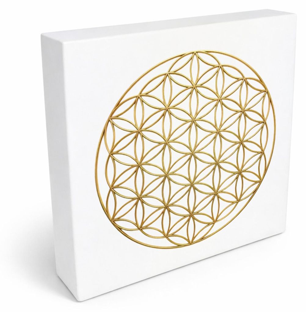 Blume des Lebens in Gold Holzbild in 20x20 cm zum Stellen oder Aufhängen