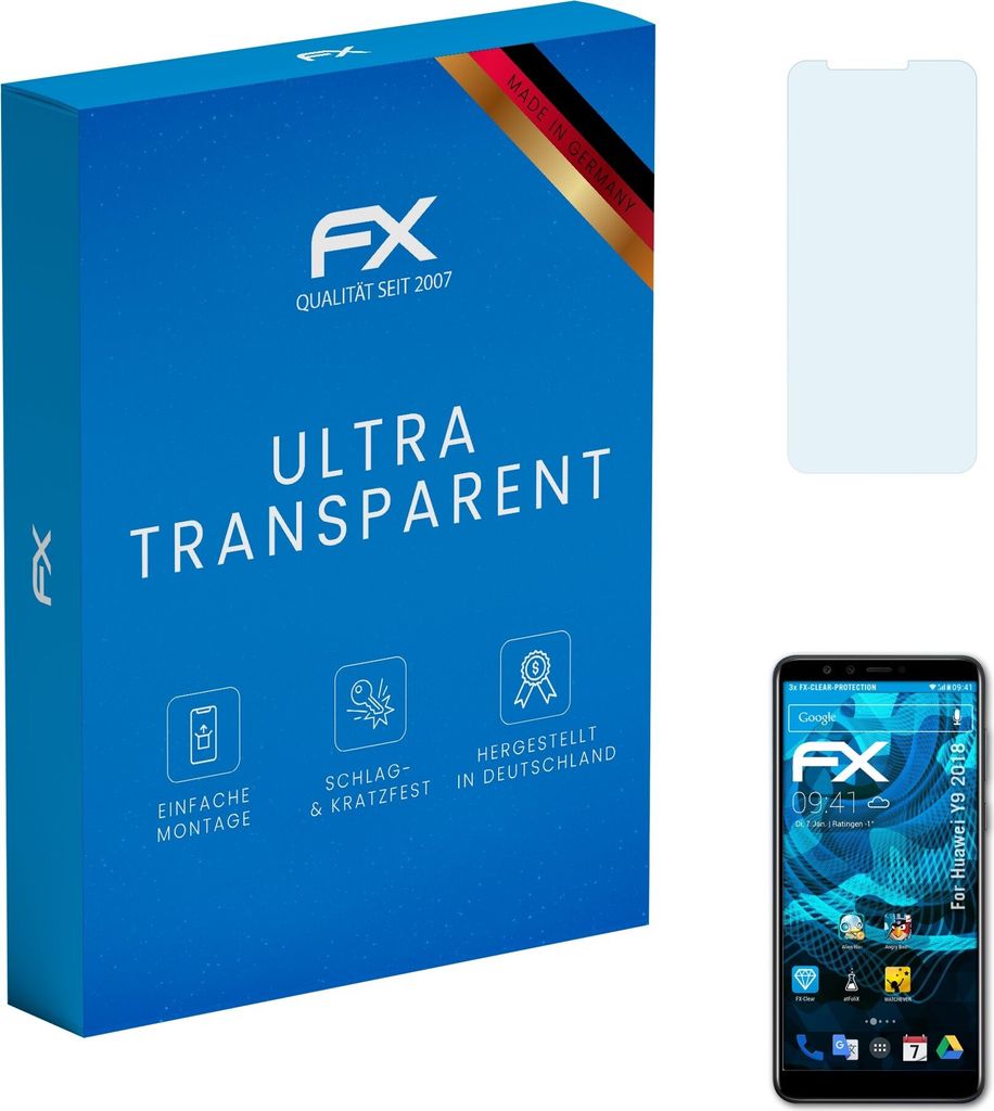 atFoliX FX-Clear 3x Schutzfolie kompatibel mit Huawei Y9 (2018) Displayschutzfolie