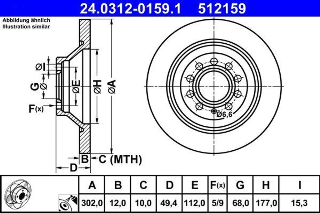 Disque de frein ATE 24.0312-0159.1 pour Audi A6 4F - Qualité OE