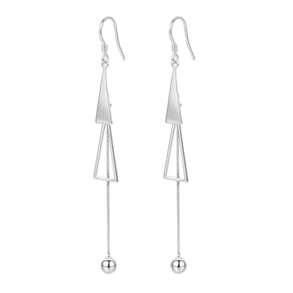 Frauen Mode Doppel Dreieck Quaste Ball Lange Baumeln Haken Ohrringe Schmuck-Silber