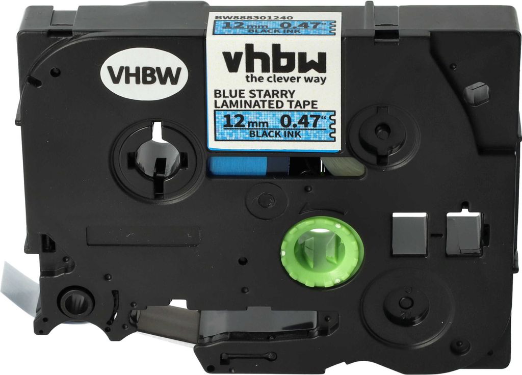 vhbw Schriftband-Kassette kompatibel mit Brother PT 1000, 1000BTS, 1005F, 1005BTS Etiketten-Drucker 8m x 12mm Schwarz auf Blau (Glitter), Laminiert