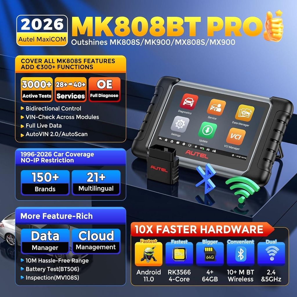 Autel Maxicom MK808BT Auto Diagnostic Tool, 2022 BI-Direktional-Kontroll-Scanner Alle Systemdiagnose, Upgrade von MK808 MX808, 28+ Dienste, ABS, ABS