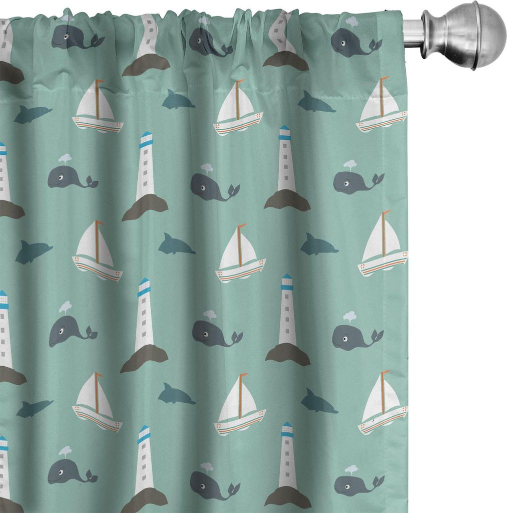 ABAKUHAUS Wale Vorhänge, Gardinen, Repetitive Leuchtturm und Segelboote Glückliche Riesen Säugetier Blowhole Wasser, 2 Stück 75 x 175 cm, Pale ...