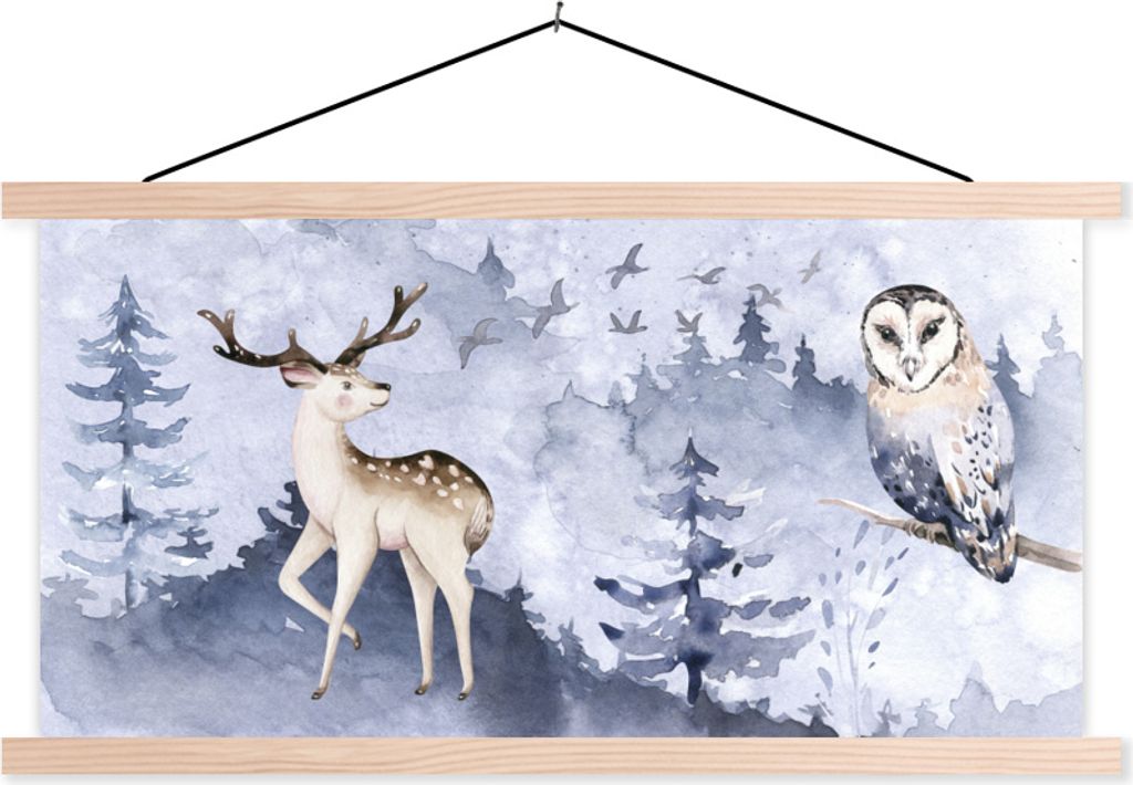 MuchoWow Textilposter Winter - Rotwild - Eule 120x60 cm mit holzfarbenen Rahmen - Klemmleiste