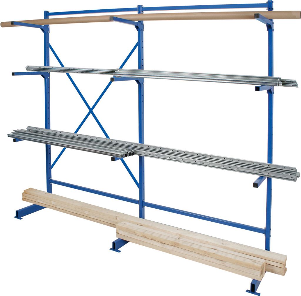 Kragarmregal, HxBxT 1950 x 2090 x 450 mm, 3 Ständer und 9 Arme mit Abrollsicherung, Farbe blau