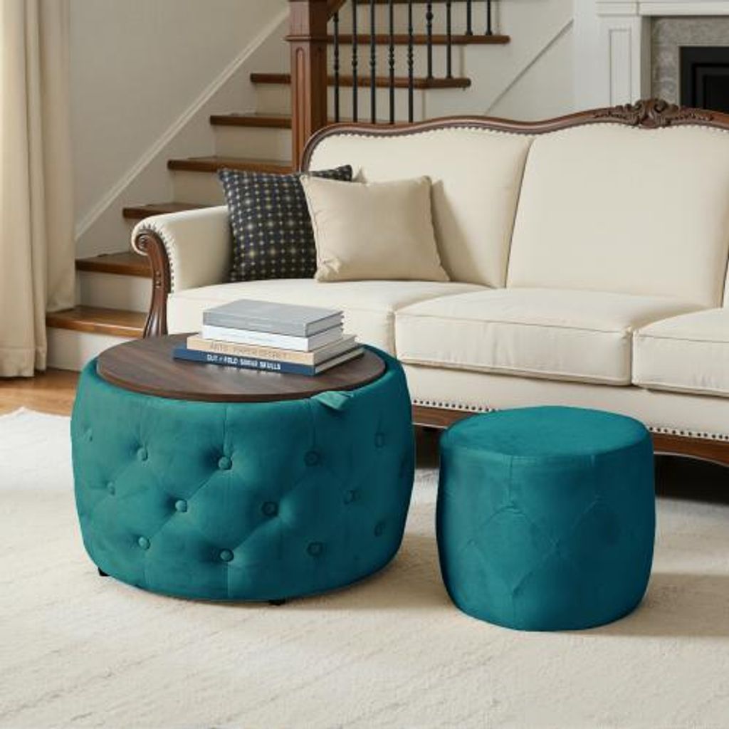 2er Set Samt Stauraumhocker rund, 4-in-1-Funktion, platzsparend ineinander stellbar