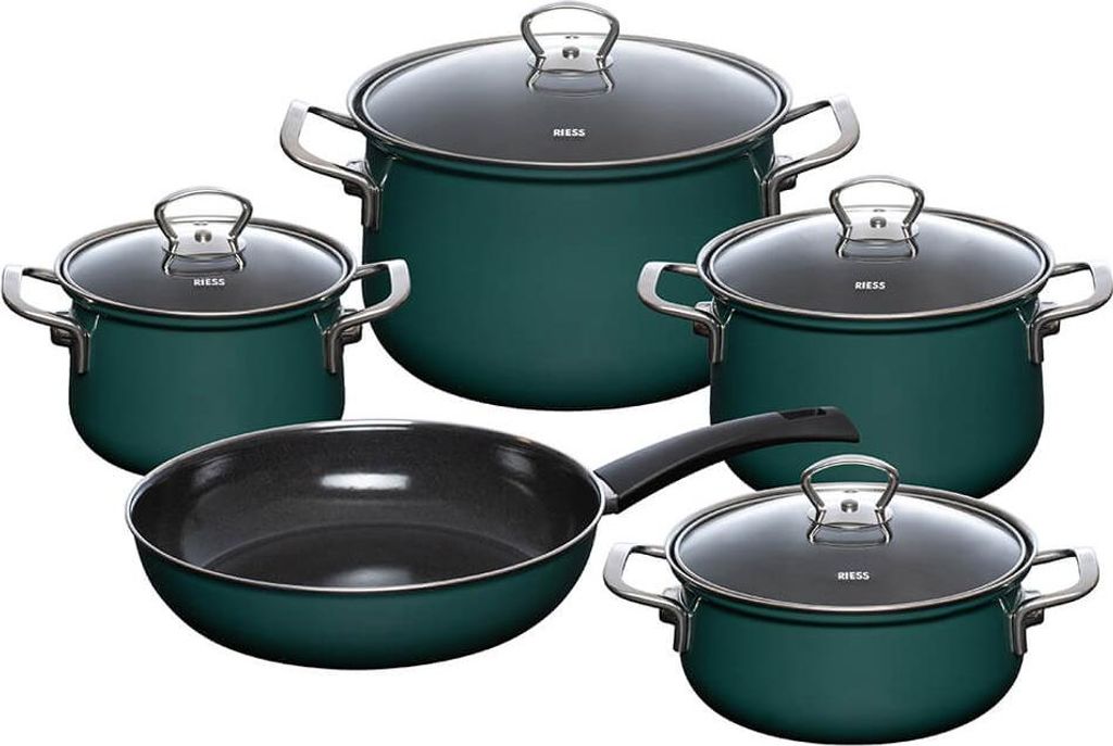 A set of teal cookware with glass lids and silver handles, arranged on a white background.