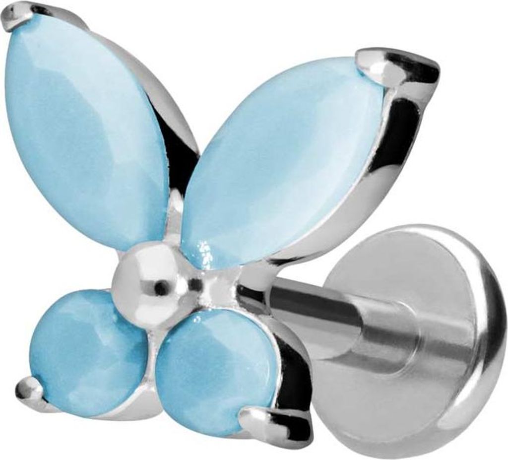 Ohrpiercing, Nasenpiercing Titan Labret mit Push Fit SCHMETTERLING + SYNTHETISCHE TÜRKISE Silber Stablänge: 8mm | Stabstärke: 1,2mm