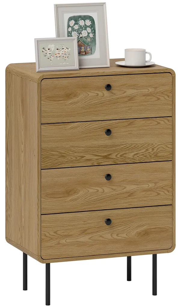 Commode 4 tiroirs en chêne 60x39x91,5 cm avec pieds robustes en acier