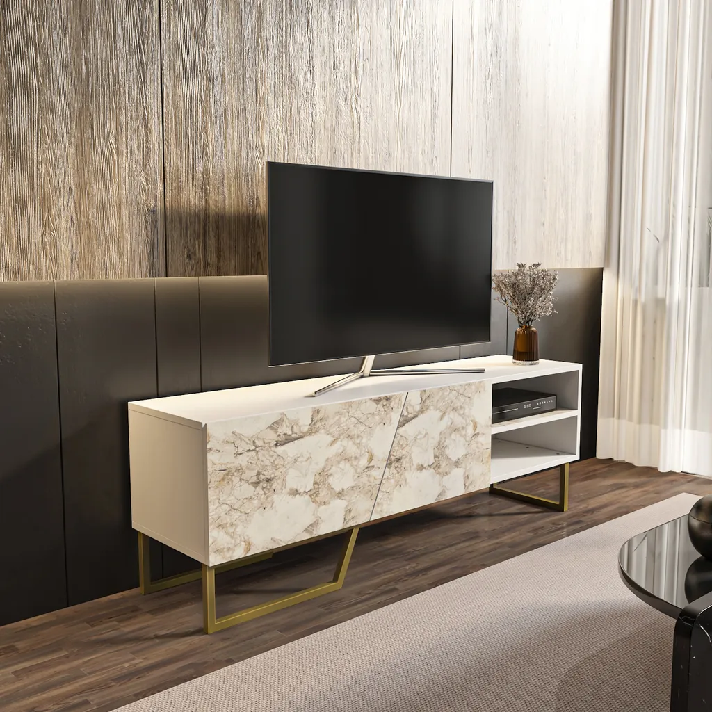 Meuble TV Gain de Place Denasse Blanc et Marbre pour Petit Intérieur