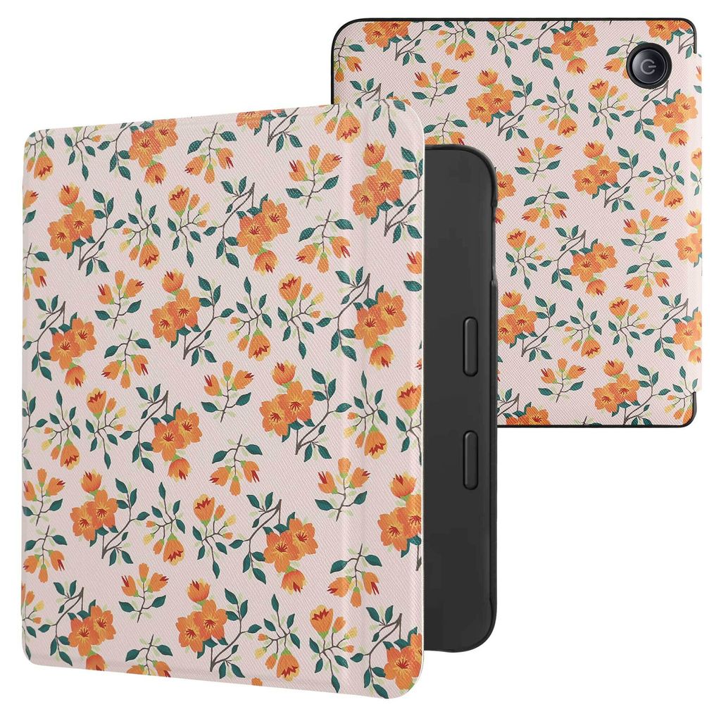 kwmobile Schutzhülle für Tolino Vision 6 Hülle - eReader Flip Case mit Auto Sleep Funktion - Gelbe Blumen mit Gelb Grün Beige