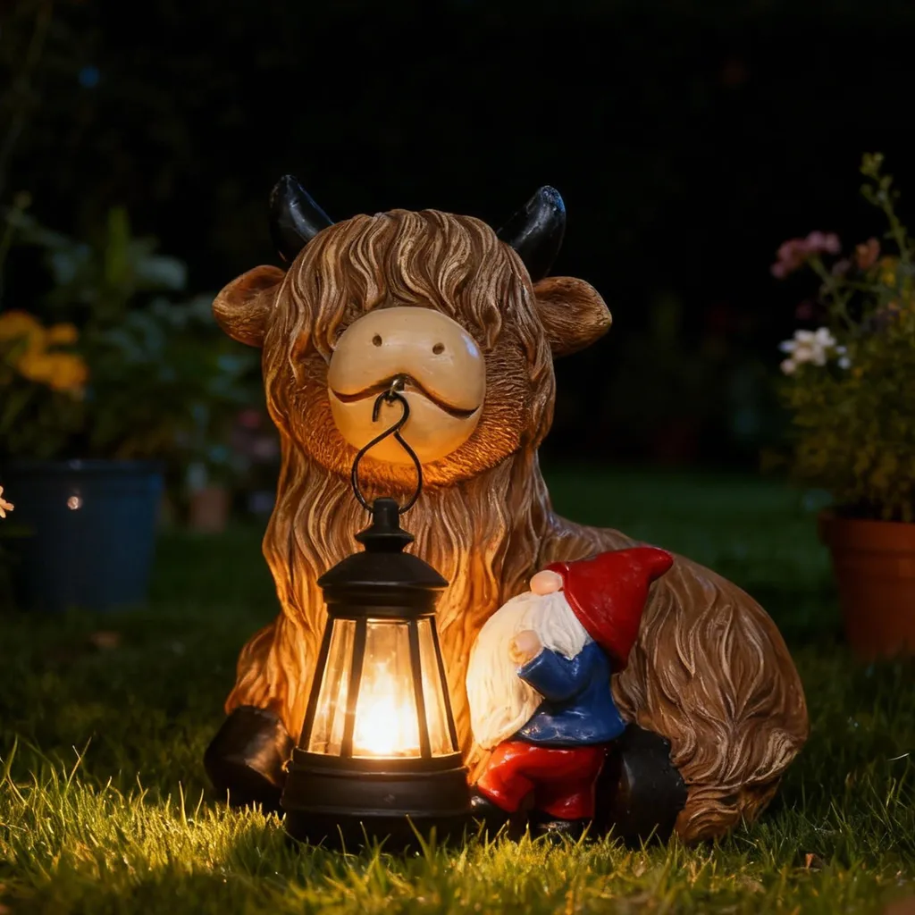 Décoration de jardin solaire Vache des Highlands en résine pour extérieur 20cm