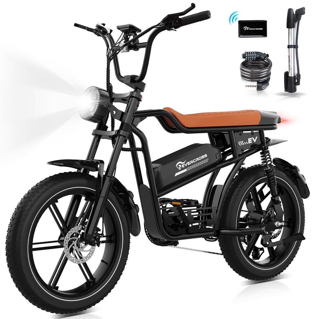 A black electric bicycle with a brown seat is shown against a white background. Accessories like a lock, pump, and a card are displayed next to the bike.