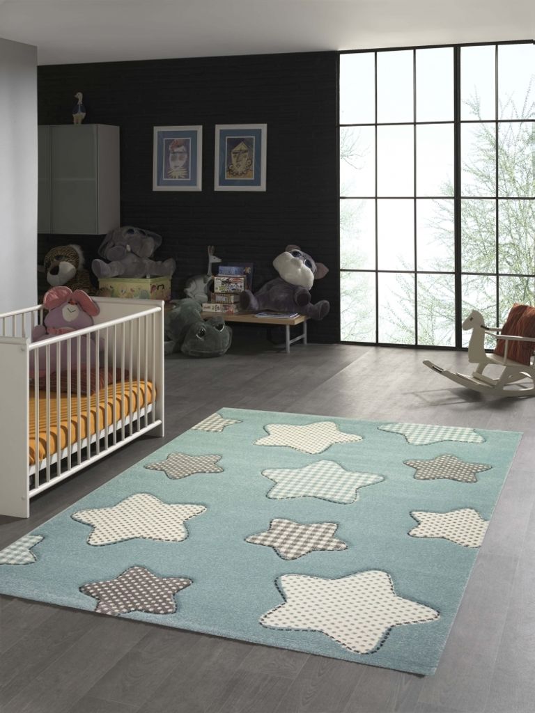 Kinderteppich Junge in blau creme grau Größe - 120 cm Rund