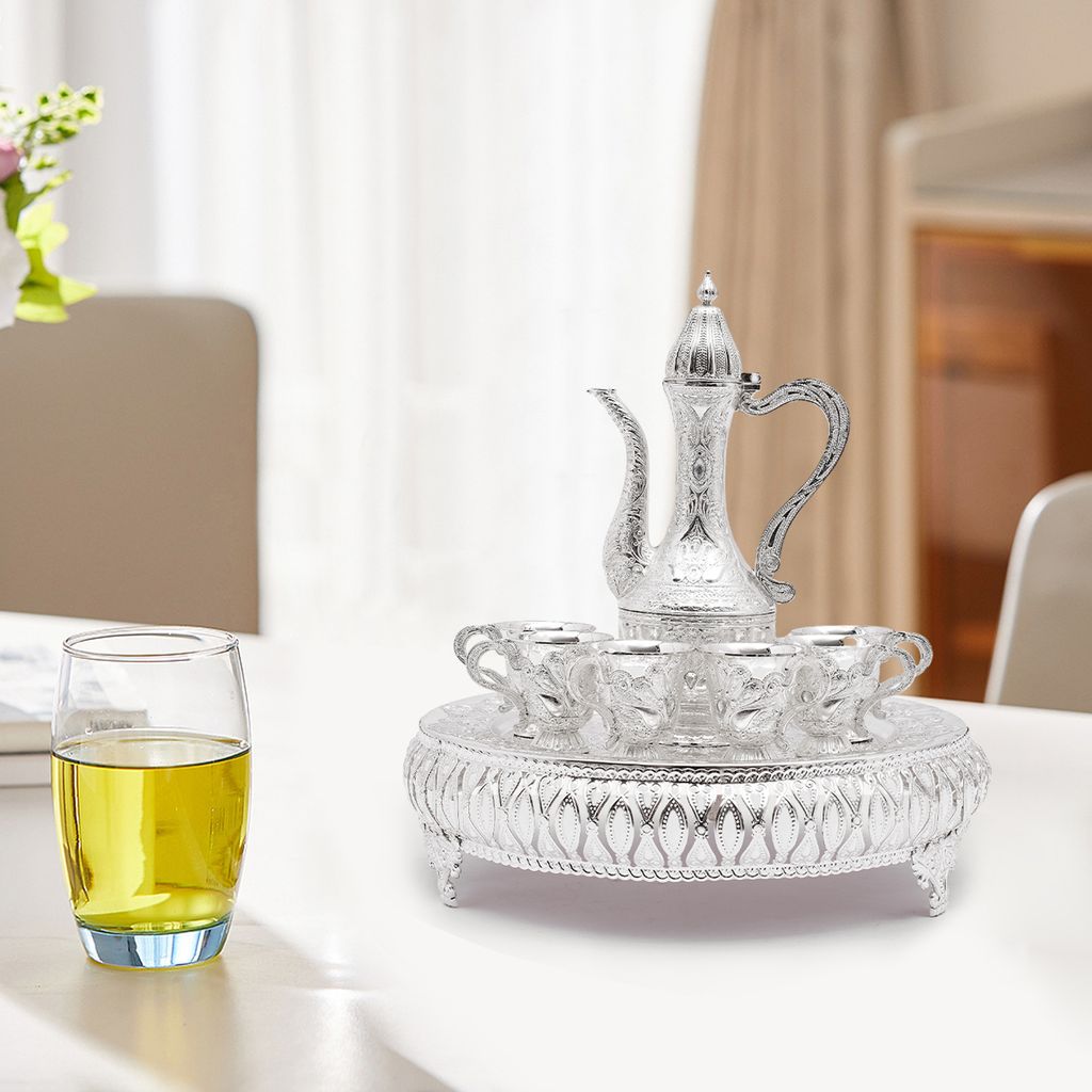 Kaffeetasse und Teekanne Set, Teeservice Set mit 1 Teekanne und 6 Tassen, Silber