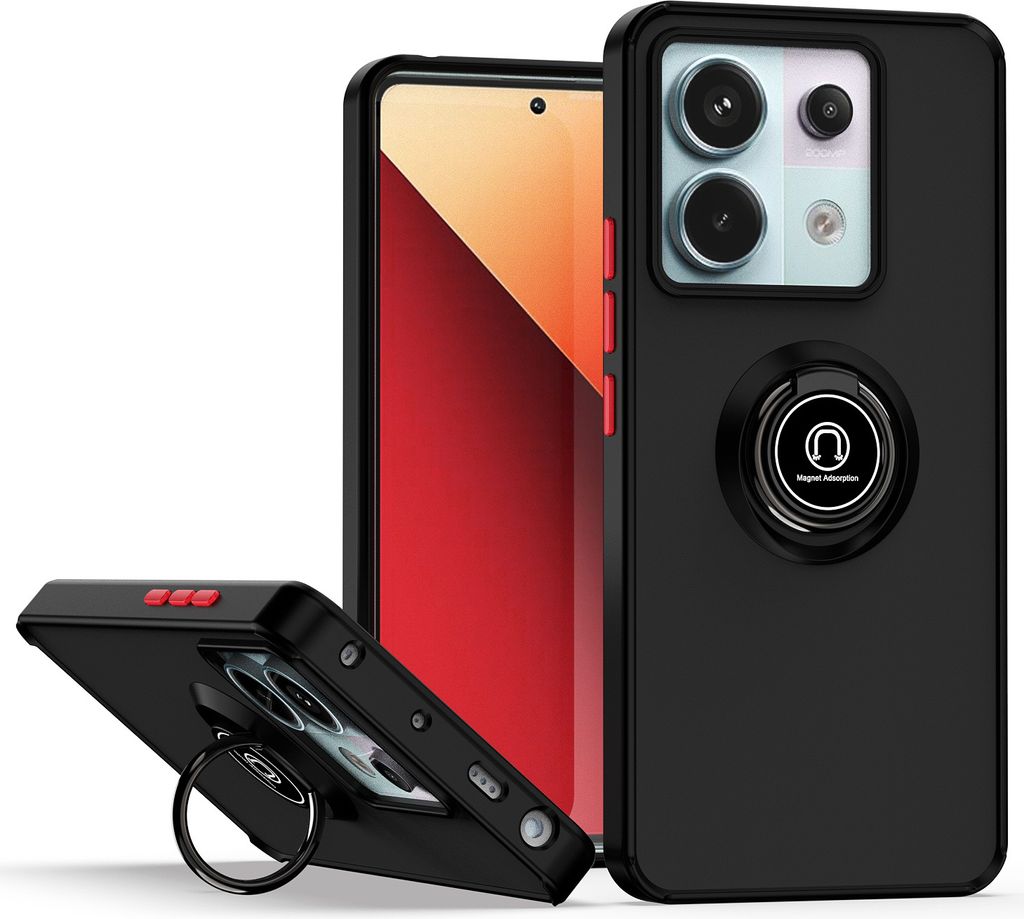 Hülle für Xiaomi Redmi Note 13 Pro 5G Ring Halter Ständer Matte Transluzent TPU Bumper Stoßfest Schutzhülle Schwarz Rot