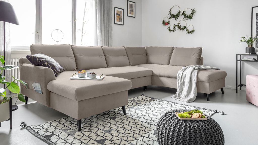 MIUFORM Stylish Stan - Ecksofa mit Bettfunktion und Bettkasten U-FORM RECHTS - 300x198cm - Velours Dunkelbeige - Sofa Schlafsofa Couch