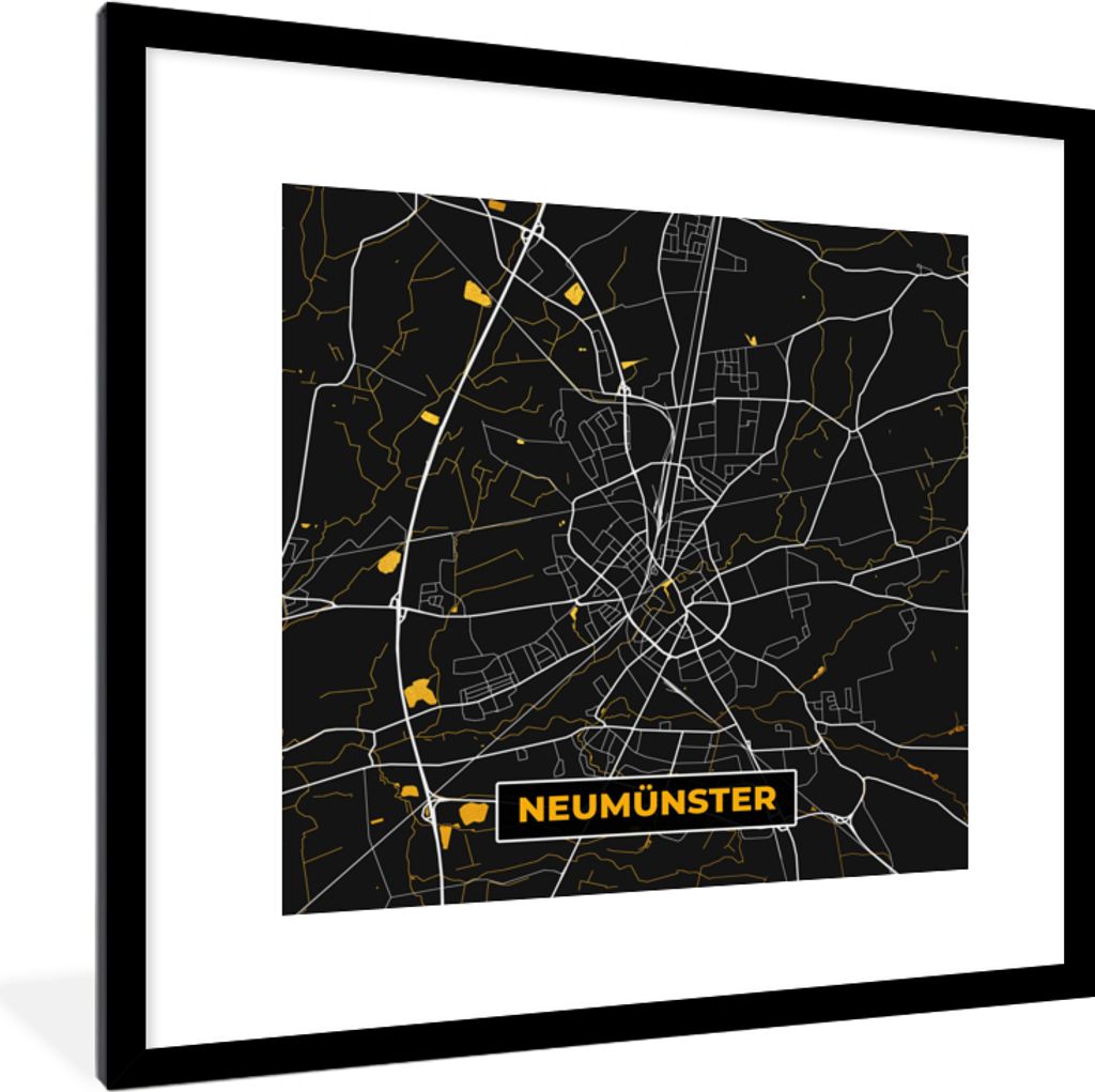 MuchoWow Gerahmtes Poster Gold - Deutschland - Karte - Neumünster 40x40 cm - Poster mit Schwarzem Bilderrahmen Wandposter Rahmen Foto Bilder - P...