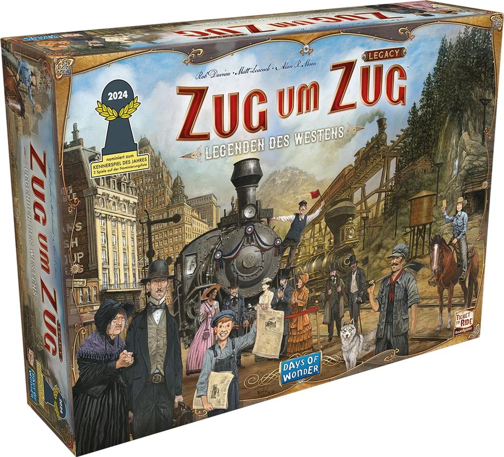 The image shows the front and side of a board game box with a Western-themed illustration.