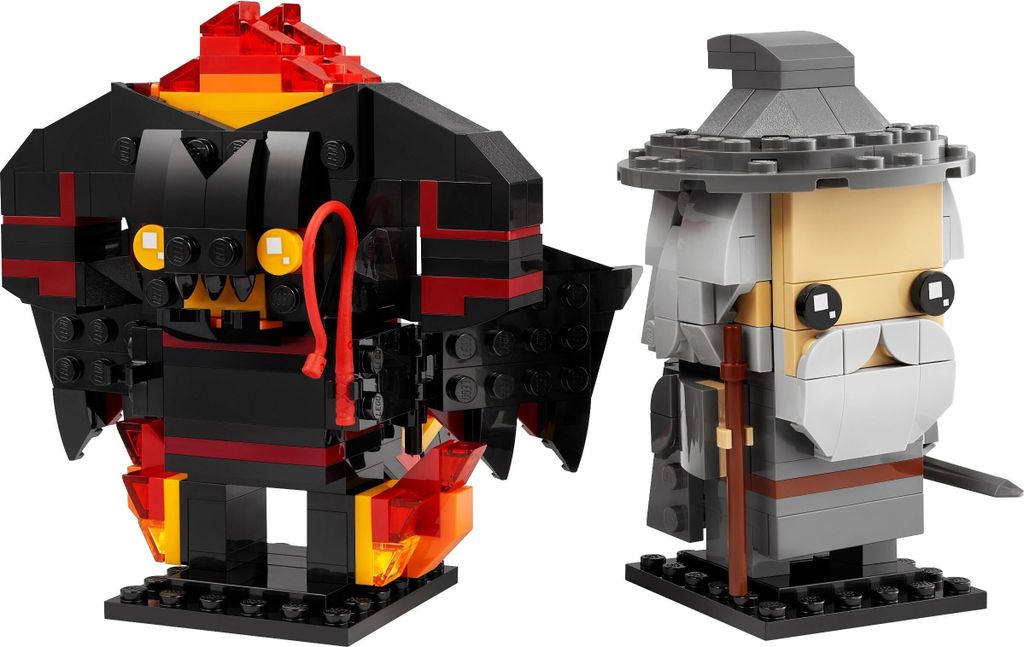 Two LEGO BrickHeadz figures, Gandalf the Grey and a Balrog, are displayed against a white background.