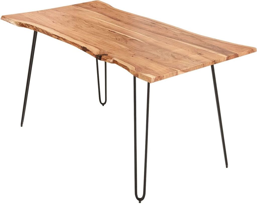 Esszimmertisch 160x85cm Hannah, echte Baumkante, Akazienholz naturfarben, massiver Baumkantentisch mit Hairpin-Gestell Mattschwarz