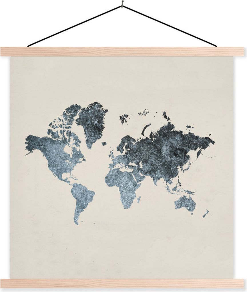 MuchoWow Textilposter Weltkarte - Grau - Silber 120x120 cm mit holzfarbenen Rahmen - Textil-Poster