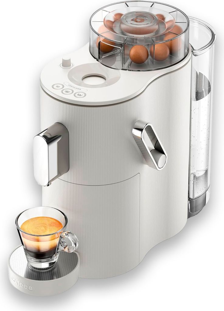 A white coffee machine with a clear water reservoir, dispensing a shot of espresso into a glass cup.