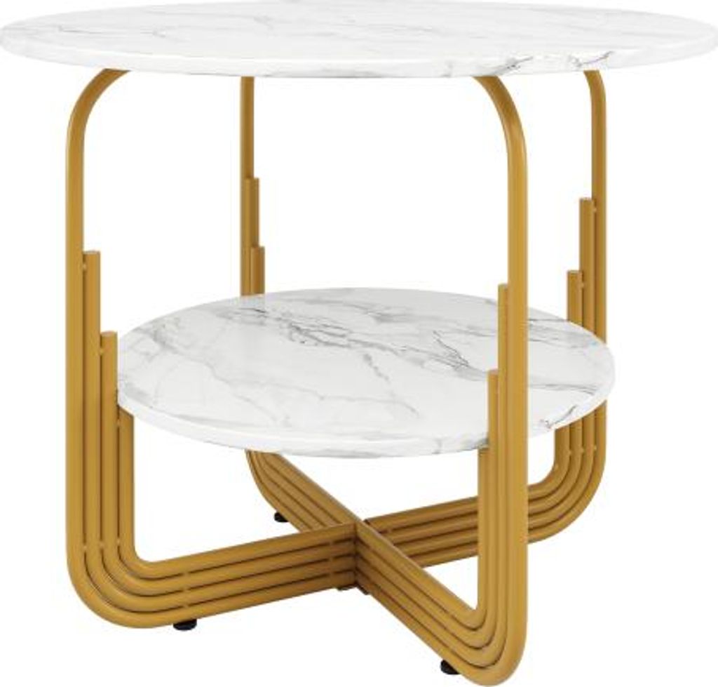 Runder Esstisch 80x80x76 cm Gold Weiss MDF-Marmor-Tischplatte Aufbewahrung geeignet Esszimmer Wohnzimmer Beistelltisch Kaffeetisch Konferenztisch