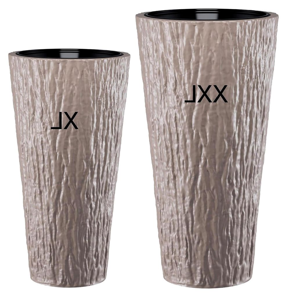 Blumenkübel Blumentopf Rund Slim Hoch 3D Effekt Dekorativ Pflanzkübel mit Herausnehmbaren Einsatz SET2: XXL+XL Taupe