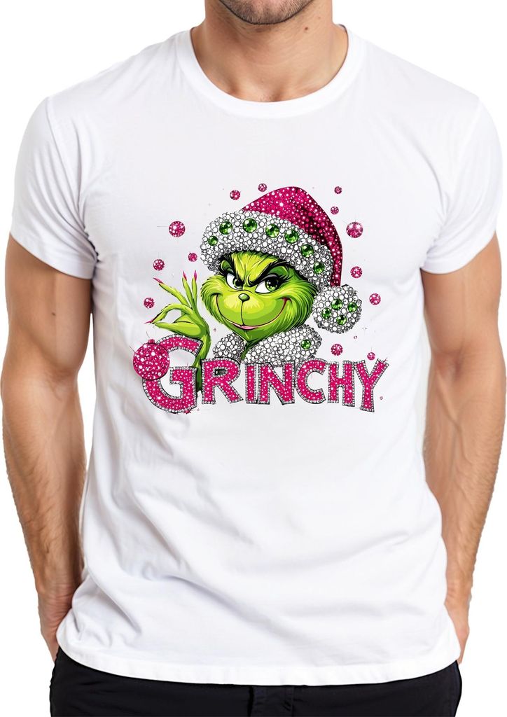 Grinch Bling Glitzer Strass Pink Grün Weihnachten Geschenk lustig Herren T-Shirt, Weiß, XXL