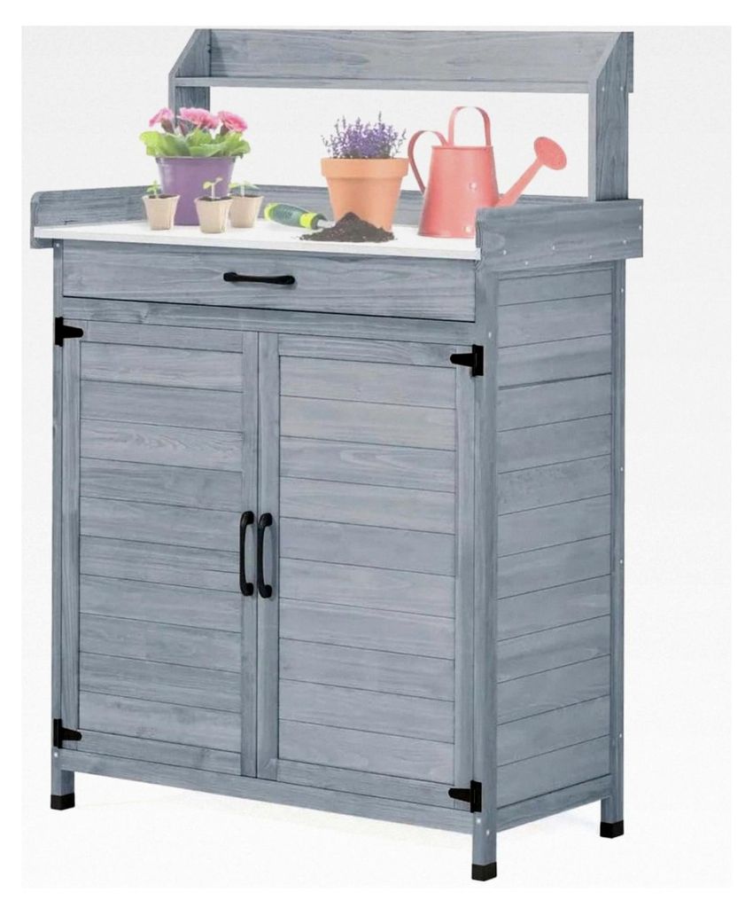 Gartenschrank mit Arbeitsfläche und Unterschrank – wetterfester Holzschrank in Grau