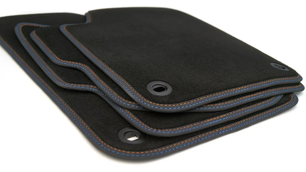 Tappetini adatti per VW Polo 9N / Cross / GTI (Premium) set di tappetini in velours con doppie cuciture arancio blu - 2