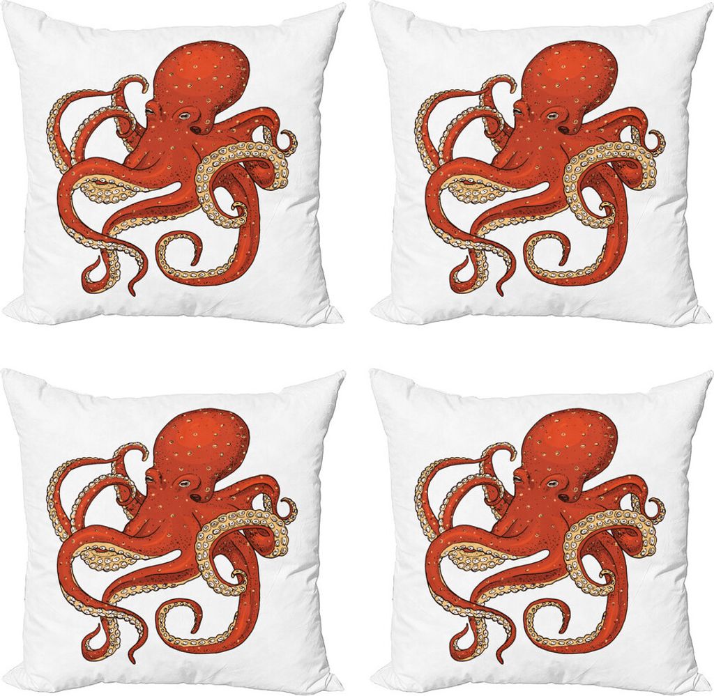 ABAKUHAUS Vintage Nautical Tattoo Kissenbezug Set (4 Stück), Octopus Drawing, Moderner Doppelseitiger Digitaldruck, 40 cm x 40 cm, Vermilion Eggshell