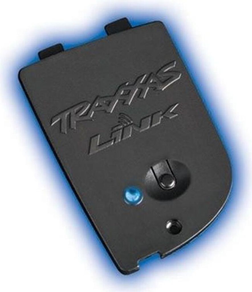 A black Traxxas Link wireless Bluetooth module with a blue LED light.