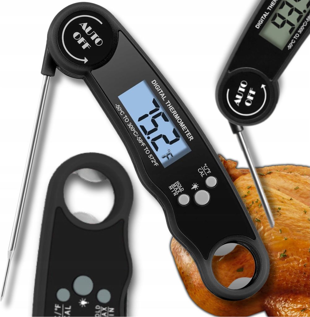 OMNA | Digitaler Lebensmittelthermometer - Wasserdicht - Rot - Beleuchtetes Display - Faltbare Sonde