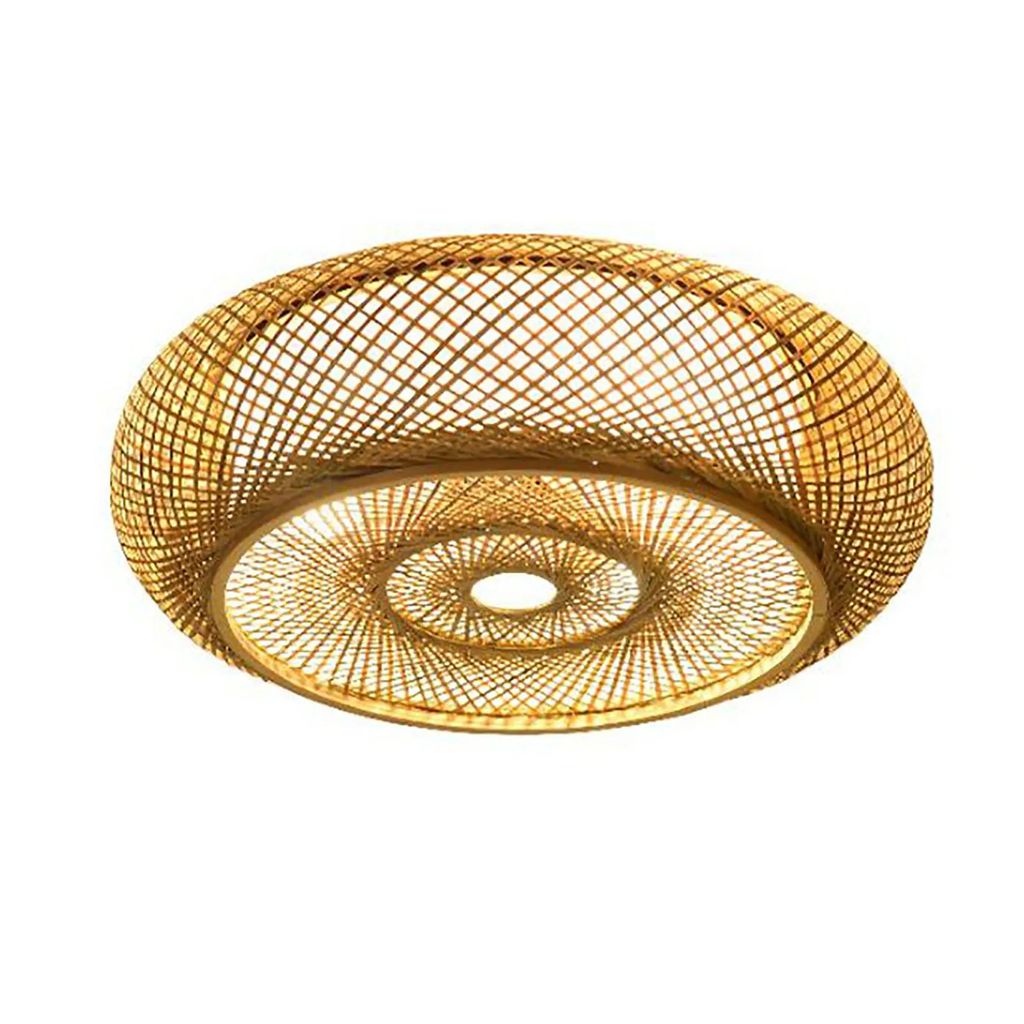 A close-up, studio shot of a woven bamboo ceiling light.