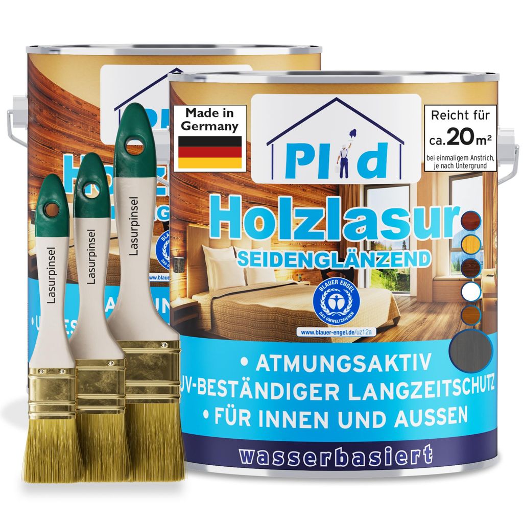 Plid Holzlasur Innen & Aussen Grau 1,5L+ Lasurpinselset 3 tlg. / Holzschutzlasur Außen mit UV beständigem Langzeitschutz - Grundierung Holz Außen