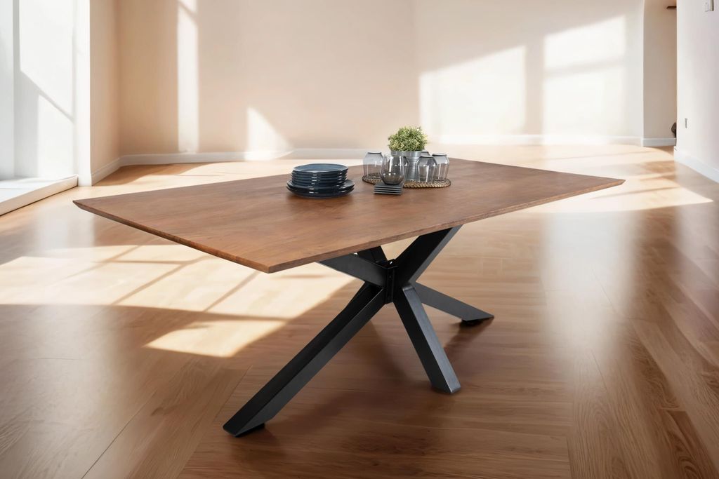 Esstisch 240x100 cm Abby, Akazienholz massiv + nussbaumfarben, Esszimmertisch mit Schweizer Kante, Spider-Metallgestell Schwarz, massiver Holztisch...