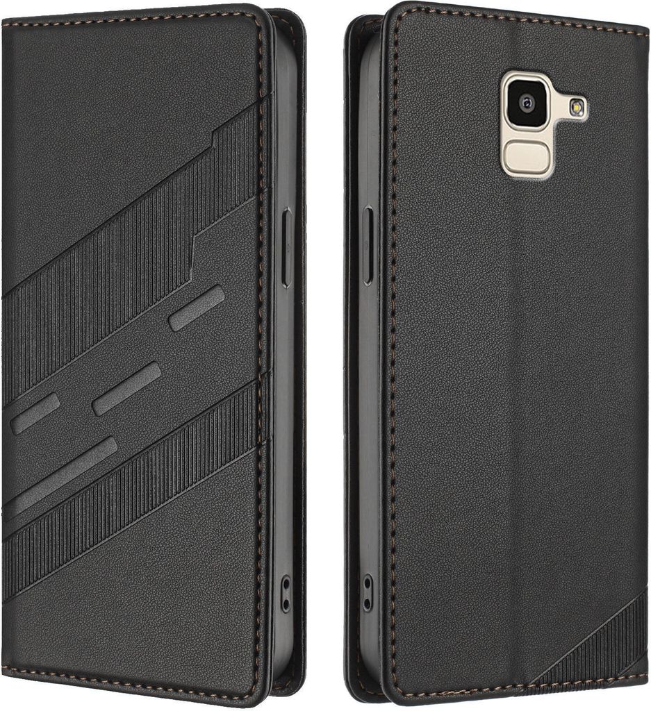 Hülle für Samsung Galaxy J6 2018, Kunstleder Brieftaschen Handyhülle mit Kartenfach und Standfunktion Schwarz